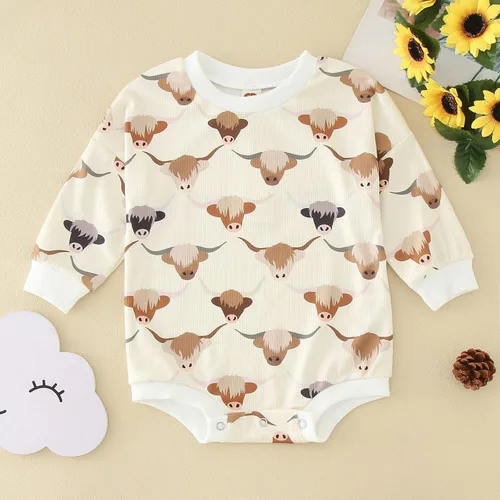 Vista 2 de Sudadera para bebé recién nacido, cuello redondo, estampado de vaca, manga larga, con burbujas, lindo traje de otoño e invierno