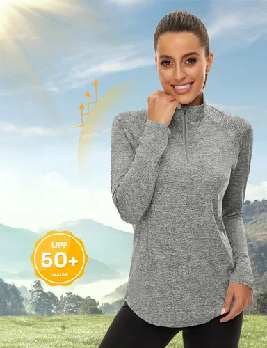 Vista 2 de LURANEE Sudadera de manga larga con cremallera de 14 para mujer, UPF 50+, para senderismo, correr, entrenamiento