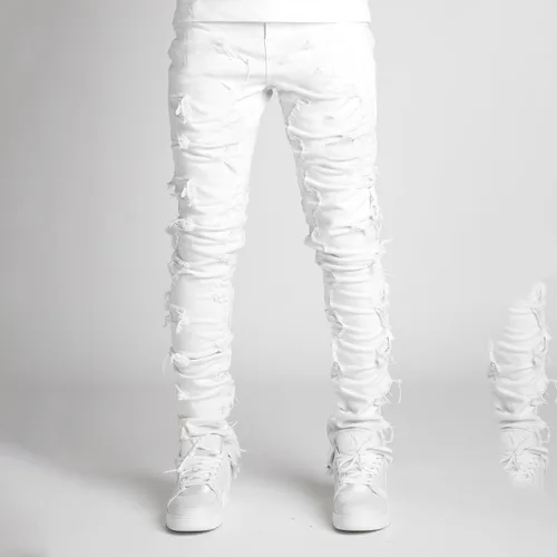 Vista 3 de Mxiqqpltky Jeans apilados para hombre, ajustados, rectos, negros, rasgados, ajustados, desgastados, pantalones de mezclilla destruidos, ropa de calle