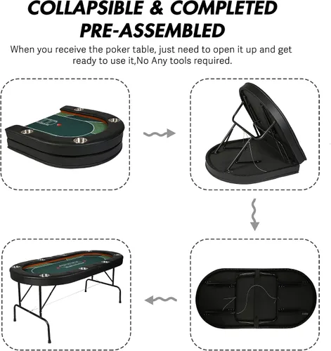 Vista 6 de Mesa de póquer plegable para 8 jugadores, mesa de cartas con soporte para tazas, mesa de ocio de casino, mesa de póquer Texas Hold 'Em para juego