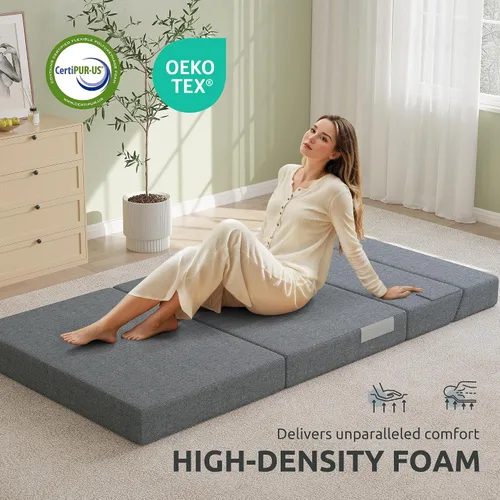 Vista 9 de Youzi Sofá Cama Plegable Queen, Sofá de Suelo de Espuma de 6 Pulgadas y Colchón Plegable con Funda Lavable, Sofá Desplegable para Huéspedes, Camping