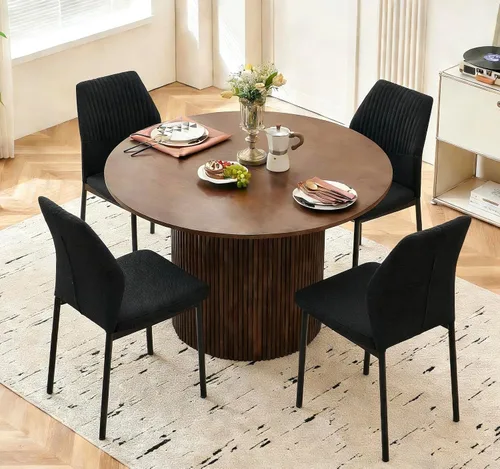 Vista 23 de Juego de mesa de comedor para 4, mesa de comedor rectangular irregular de madera moderna, sillas de comedor de cuero, 4 mesas y sillas, juego de 4