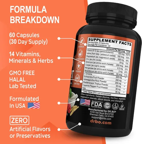 Vista 8 de DR. BO - Cápsulas de suplemento de apoyo tiroideo, mio-inositol y D-quiro inositol, apoyo natural para el metabolismo, el estado de ánimo