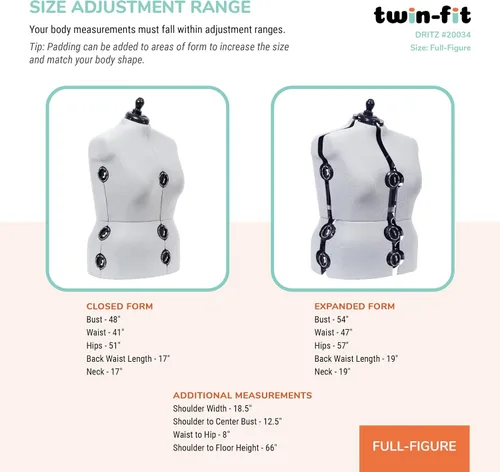 Vista 3 de Dritz Forma de vestido ajustable de doble ajuste, tallas completas de EE. UU. 20-24, maniquí de ropa femenina para coser, ajustar y drapear, maniquí