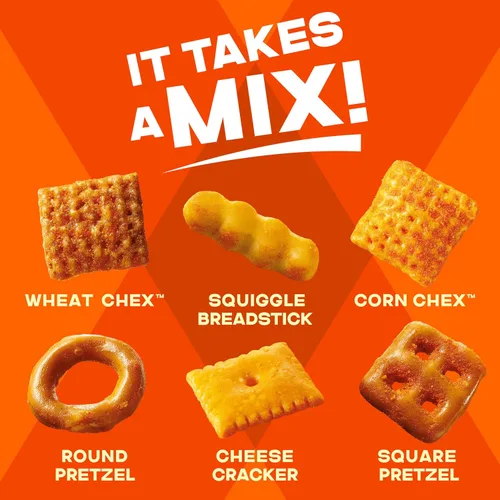 Vista 3 de Chex Mix Mezcla de aperitivos, cheddar, bolsas de aperitivos salados, paquete múltiple, 1.75 onzas, 10 unidades Corn & Wheat Chex, Cheese Crackers
