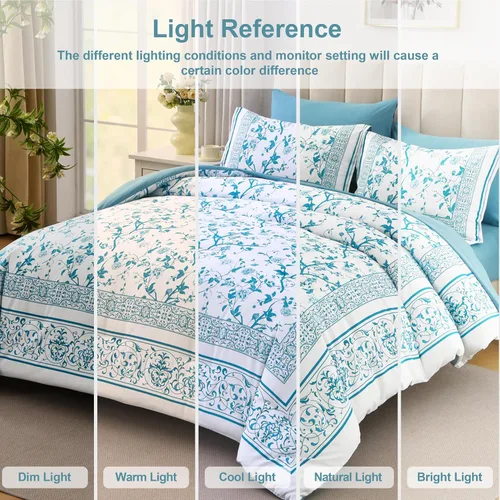 Vista 8 de Dobuyly Juego de edredón floral tamaño Queen, 7 piezas de cama en una bolsa, tamaño Queen, juego de ropa de cama botánico de flores aguamarina sobre