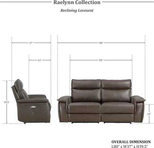 Vista 2 de Lexicon Raelynn Power - Sofá biplaza reclinable doble, color marrón oscuro