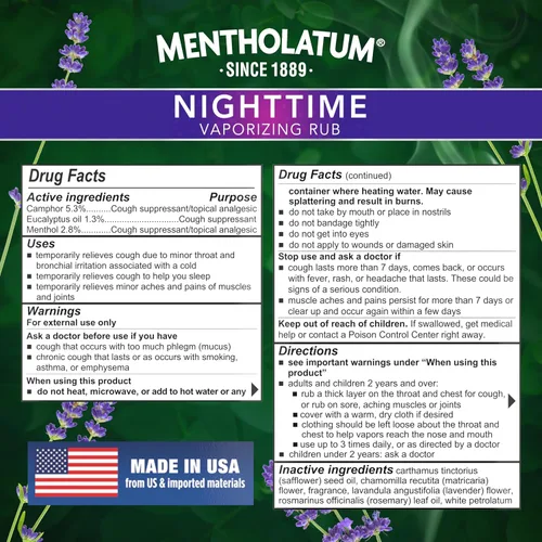 Vista 10 de Mentholatum Ungüento de Fricción Vaporizante Nocturno, Aroma a Lavanda, Supresor de Tos de Fuerza Máxima, Fricción Tópica para el Pecho y Pomada
