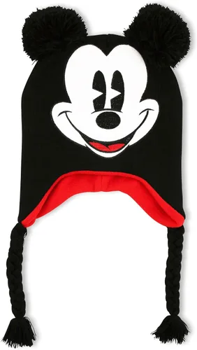 Vista 3 de Disney Gorro unisex de punto de acrílico de Mickey Mouse para invierno, con orejas de pompón y borlas de punto.