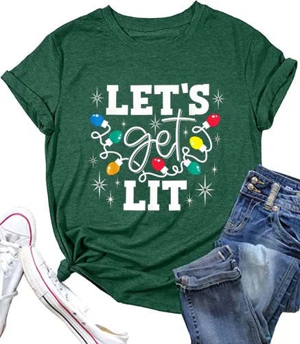 Vista 9 de Camisetas navideñas para mujer Let's Get Lit, camisa con lindo diseño gráfico de luces, manga corta, tops y camisetas de Navidad Gris-Carbón
