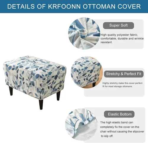 Vista 4 de KRFOONN Fundas otomanas elásticas y rectangulares para reposapiés, fundas impresas para taburetes de pies, protector de muebles con parte inferior