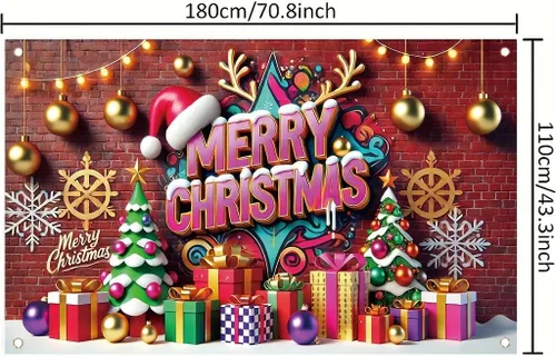 Vista 2 de Cartel de Feliz Navidad de 71 x 43 pulgadas, caja de regalo, adorno de árbol, decoración de fondo de fotografía para fiestas de invierno