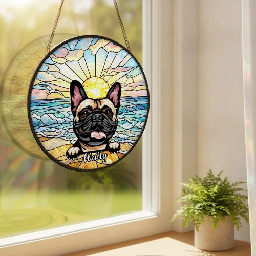 Vista 5 de Dog Stained Glass Window Hanging, Ocean Sea Outdoor Suncatcher