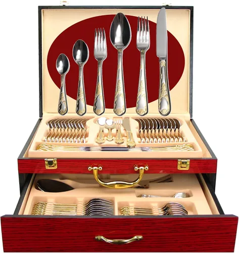 Vista 15 de Juego de cubiertos de lujo de 75 piezas para 12 con estuche de almacenamiento de madera, servicio de cubiertos de comedor de alta calidad, cubiertos