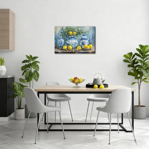 Vista 7 de SWQYLB Arte de pared de limón para cocina, cuadro vintage de frutas cítricas, impresiones en lienzo amarillo limón con cerámica azul, pintura