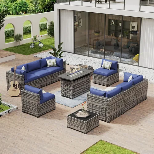 Vista 13 de Aoxun - Juego de 7 piezas de muebles de patio de mimbre de ratán, conjunto de sofá modular para conversación de patio con mesa de café y cojines