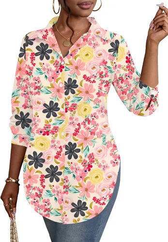 Vista 19 de Rooscier Blusa larga con cuello en V para mujer, manga larga, abertura lateral, con botones
