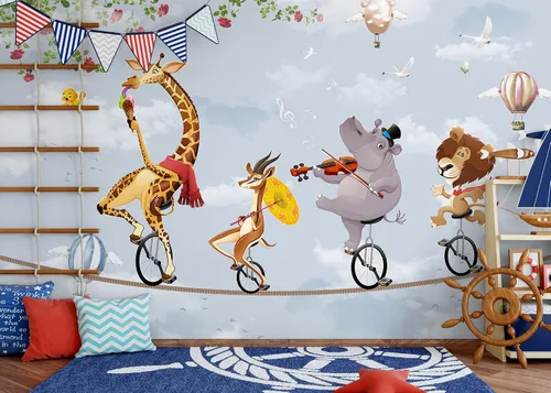 Vista 2 de Murwall Kids Wallpaper Cartoon Slackline Wall Mural Cute Animals Wall Print Childroom Wall Decor Girls Boys Bedroom Play Room Baby Rooms