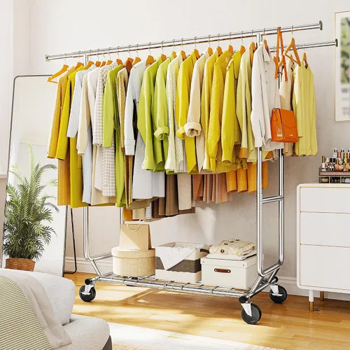 Vista 3 de Raybee Perchero de carga de 620 libras, almacenamiento de ropa de metal con estante y ruedas resistentes, estante de ropa rodante para dormitorio