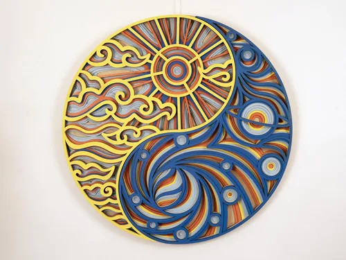 Vista 2 de Decoración de pared para el hogar, Yin Yang Corte láser multicapa tallado elegante mandala de madera para colgar, paneles MDF para decoración, obras