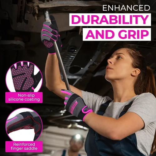 Vista 2 de HANDLANDY Guantes de trabajo para mujer, guantes de jardinería de cuero transpirable para mantenimiento de patio, protección de manos con pantalla