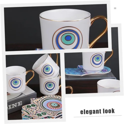 Vista 4 de Turkish Ceramic Coffee Cup and Saucer Set 120ml Retro Coffee Mug Household Tea Cup with Evil Eye Pattern for Afternoon Tea and Home Use