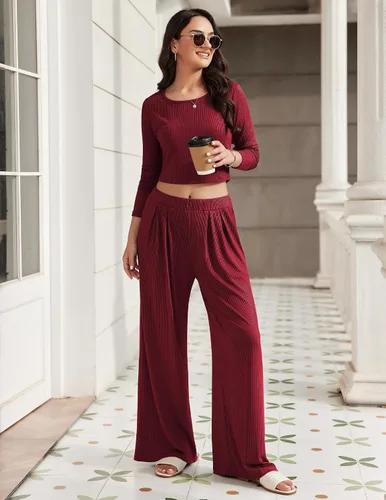 Vista 3 de Ekouaer Conjunto de descanso de 2 piezas para mujer, camiseta corta de punto acanalado, pantalones de pierna ancha con bolsillos S-XXL