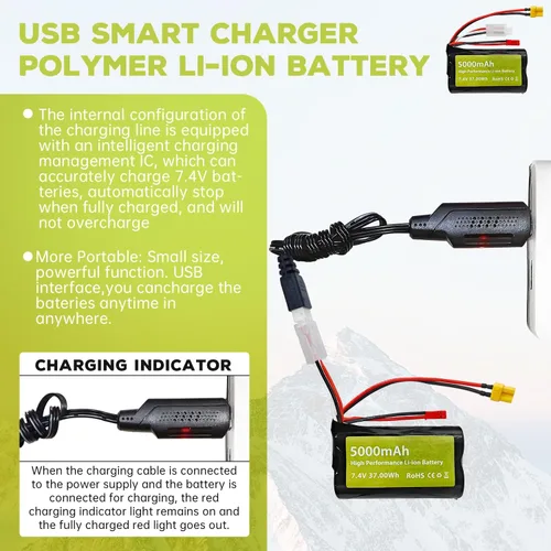 Vista 4 de sea jump Batería de iones de litio de 7.4V 5000mAh 2S con enchufe JST y enchufe XT30 con cable de carga USB adecuado para TX16S, TX18S, RC4GS