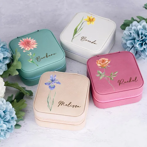 Vista 4 de Joyero de cuero personalizado con mes y nombre de flores de nacimiento coloridas, color blanco, estuche de viaje de joyería personalizado