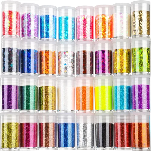 Vista 9 de Teenitor - Mezcla de purpurina gruesa y fina para festivales, 32 colores, lentejuelas gruesas, copos iridiscentes de purpurina, cosméticos