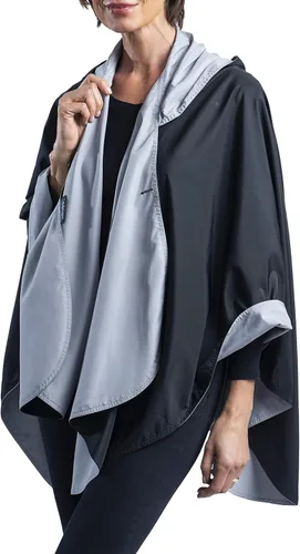 Vista 9 de Capa de lluvia para mujer, chaqueta tipo poncho con capucha, reversible, hermosa, ultra suave "Negro y peltre