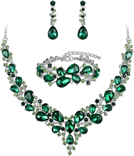 Vista 22 de BriLove - Juego de joyas de boda con cristales austriacos, collar, aretes y pulsera para mujer 01-Tono plateado transparente