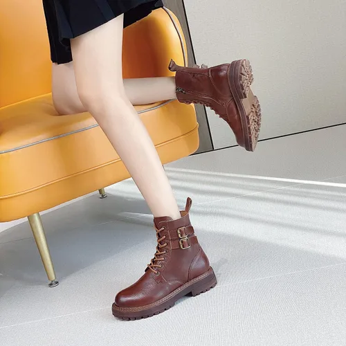Vista 4 de Botines de cuero para mujer, con cordones, tacón bajo