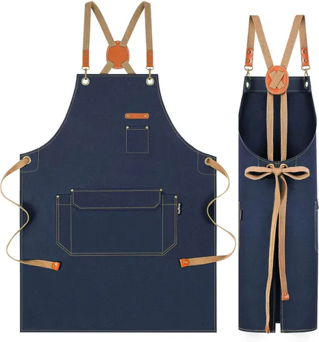 Vista 10 de Delantal de chef con correas cruzadas en la espalda para hombres y mujeres, delantal de lona de algodón para pintura de artistas, cocina