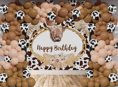 Vista 2 de Mocsicka Fondo de cumpleaños de vaca de las tierras altas, decoración de fiesta de cumpleaños de vaca de las tierras altas, decoración de cumpleaños