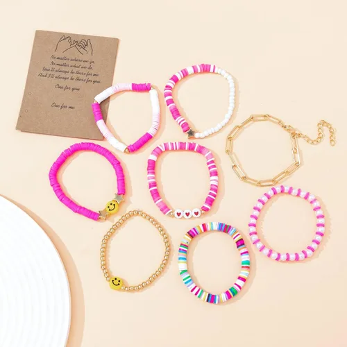 Vista 3 de 8 pulseras de surf de disco sonriente de arcilla colorida, sonrisa feliz mal de ojo, pulsera apilable, bohemia, multicolor, arcilla polimérica
