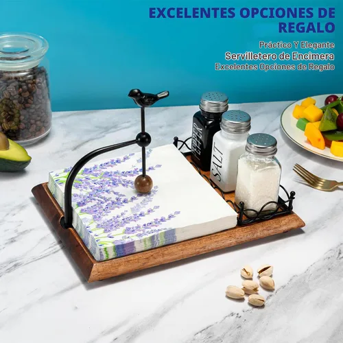 Vista 6 de Encantador servilletero de madera con diseño de pájaro – Incluye espacio para saleros y pimenteros – Servilletero negro multifuncional para mesa