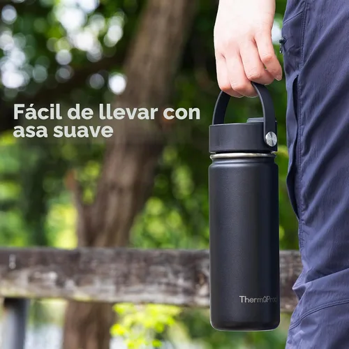 Vista 9 de Botella de agua aislante ThermoProof – Acero inoxidable, boca ancha, tapas abatibles y con boquilla, a prueba de fugas, apta para lavavajillas Ámbar