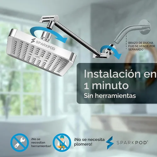 Vista 6 de SparkPod Cabezal de ducha tipo lluvia cuadrado con brazo de extensión, cabezal de ducha de altura ajustable con rendimiento de alta presión, fácil