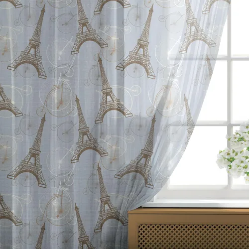 Vista 14 de Ambesonne Cortinas de tul Eiffel con bolsillo para barra, globos retro de corazón de café, remolinos de hito francés, cortina transparente