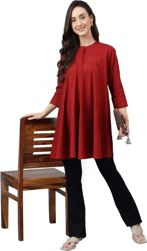Vista 3 de Janasya Indian Dobby - Túnica de algodón liso acampanado para mujer (colección San Valentín)