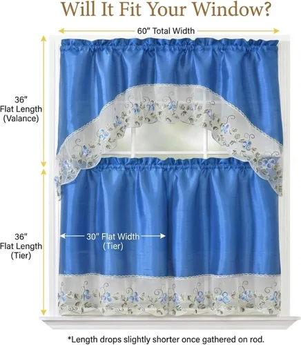 Vista 2 de YHSF Set de cortinas de cocina de 3 piezas con cenefa - Juego de cortinas de ventana de 2 niveles y cenefa con diseño de bolsillo para barra