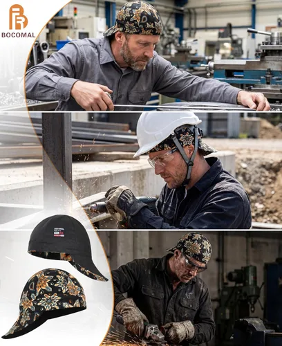 Vista 4 de BOCOMAL Gorro de Soldadura Resistente al Fuego CAT2 de Peso Medio con Estampado, Gorras de Soldador de 6 Paneles - Juego de 2
