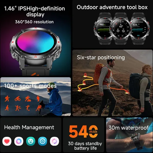 Vista 7 de Reloj inteligente impermeable para exteriores con pantalla de 1.46 pulgadas, GPS, linterna LED, brújula, batería de 540 mAh, más de 100 modos