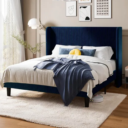 Vista 12 de Allewie Marco de cama tamaño completo con cabecera tapizada tipo wingback, cama plataforma de terciopelo de pana con capitoné de canales verticales