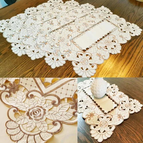 Vista 12 de LeLehome Juego de 4 manteles individuales bordados con flores, manteles individuales oblongos beige rosa, decoración para hogar, cocina, comedor