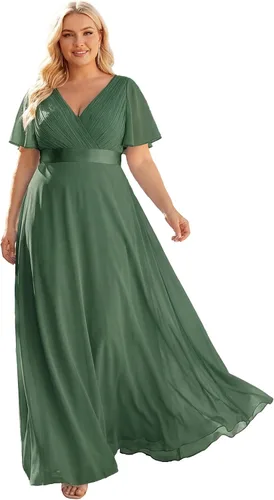 Vista 34 de Ever-Pretty Vestidos formales de noche de gasa para mujer con cuello en V de talla grande para mujeres con curvas, vestido de dama de honor de largo