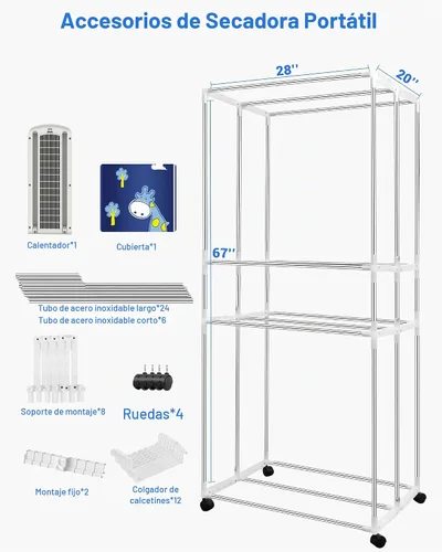 Vista 5 de Secadora de Ropa Portátil, Secadora de Ropa de 110V -1600W, Perchero de Ropa Plegable de 67 Pulgadas -3 Niveles, Secadora Portátil de Ahorro
