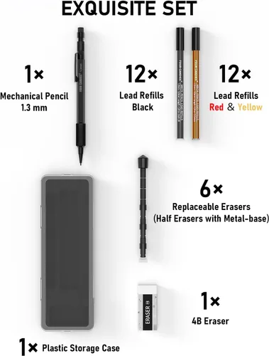 Vista 6 de Four Candies Juego de lápices mecánicos de 1.3mm con 24 repuestos de plomo, lápiz de carpintero de metal resistente a la intemperie para uso pesado