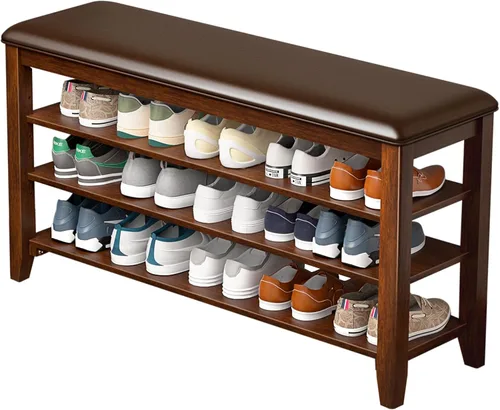 Vista 8 de Banco de almacenamiento de zapatos de entrada con cojín de cuero, banco organizador de zapatos para entrada, ideal para pasillos, puertas